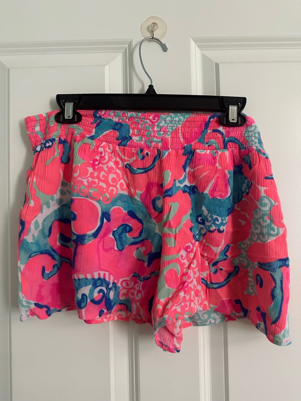 Lilly Pulitzer Coral Pink & Teal Smocked Waist Shorts